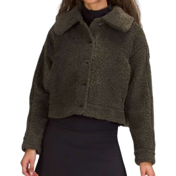 Lululemon Textured Fleece Button Jacket Womens 14 Dark Olive Lined Comfy Cozy - Picture 4 of 13